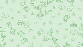 A dynamic and engaging video featuring a seamless pattern of various green outline icons, including satellites, game controllers, and other tech-related symbols, against a soft light green background. - Powered by Shutterstock - Get 15% off with code: PIKWIZARD15