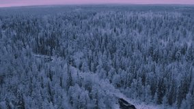 Flyover View of Massive Snowy Boreal Forest and Creek with Bridge during Cold Winter Sunrise - Powered by Shutterstock - Get 15% off with code: PIKWIZARD15