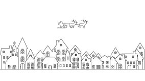 Loopable animation of christmas santa claus riding sleigh with reindeer flying over cityscape on lineart style isolated on white background. Concept of winter, holiday and new year. - Powered by Shutterstock - Get 15% off with code: PIKWIZARD15