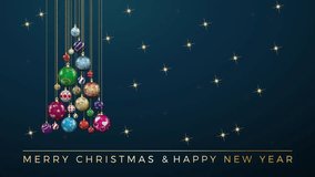 Christmas ornaments hanging from golden chains, forming a christmas tree shape, with golden merry christmas and happy new year text on a blue background. Animated video in seamless looping
 - Powered by Shutterstock - Get 15% off with code: PIKWIZARD15