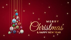 Christmas ornaments hanging from golden chains, forming a christmas tree shape, with golden merry christmas and happy new year text on a red background. Animated video in seamless looping - Powered by Shutterstock - Get 15% off with code: PIKWIZARD15