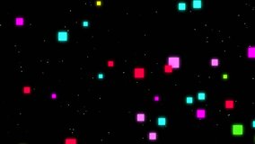 Colorful abstract retro gaming cubes floating and glowing in space with stars on a black background. Fun, dynamic motion graphic loop ideal for parties, games, and futuristic concepts. - Powered by Shutterstock - Get 15% off with code: PIKWIZARD15