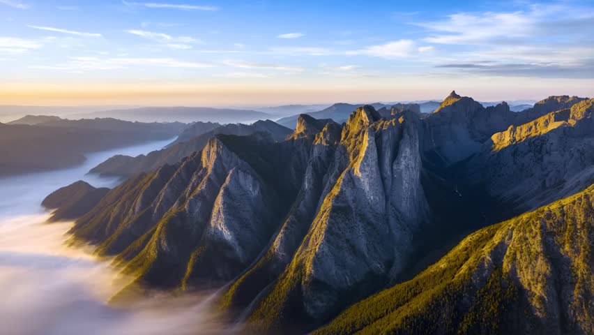 A breathtaking, high quality 4K cinematic drone shot captures a stunning golden sunrise over a vast, majestic mountain range. A thick layer of white mist fills the valleys below.