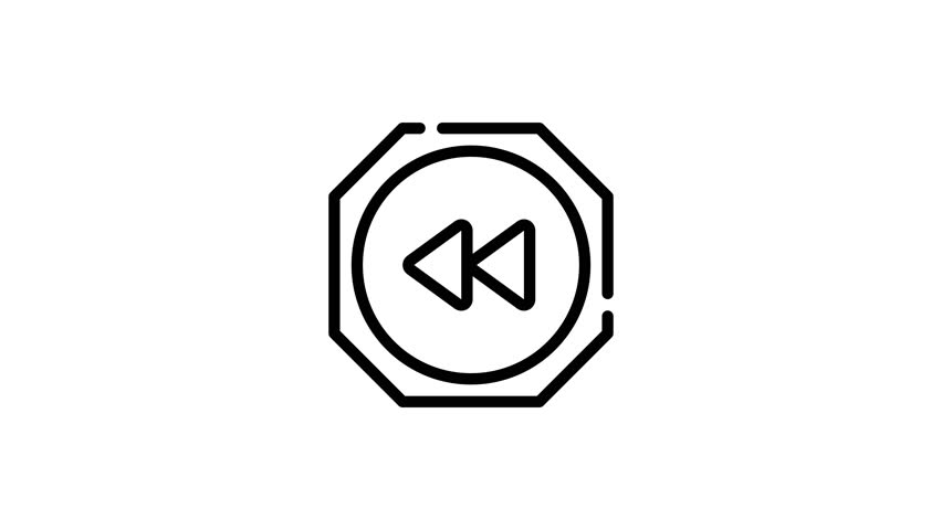 Rewind icon in octagonal button, suitable for multimedia player interfaces. Simple and compact design for digital projects needing playback controls.
