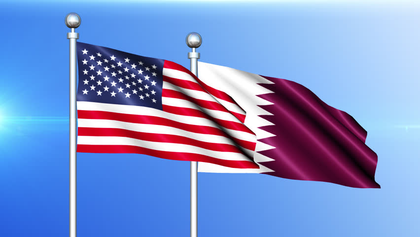 USA and Qatar Flag Waving on Pole Loop