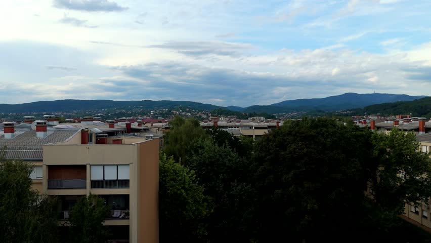 Aerial drone view of Zagreb skyline featuring modern architecture, and urban landscape city Croatia.