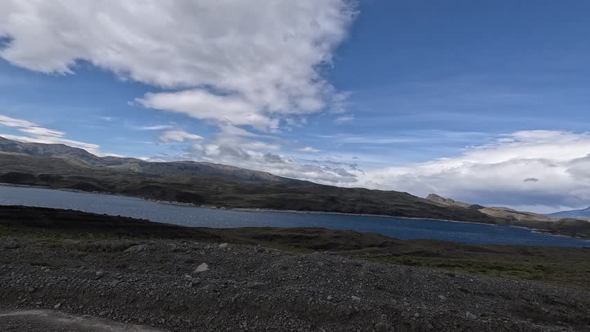 Views from the road on the route from Puerto Natales to Torres del Paine National Park, Patagonia, Chile. The lake Sarmiento.