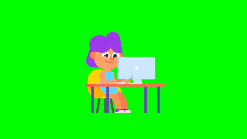 3D animation of Lila Joy working on computer at desk. Perfect green screen asset for business, office, or productivity video projects and digital marketing visuals.
