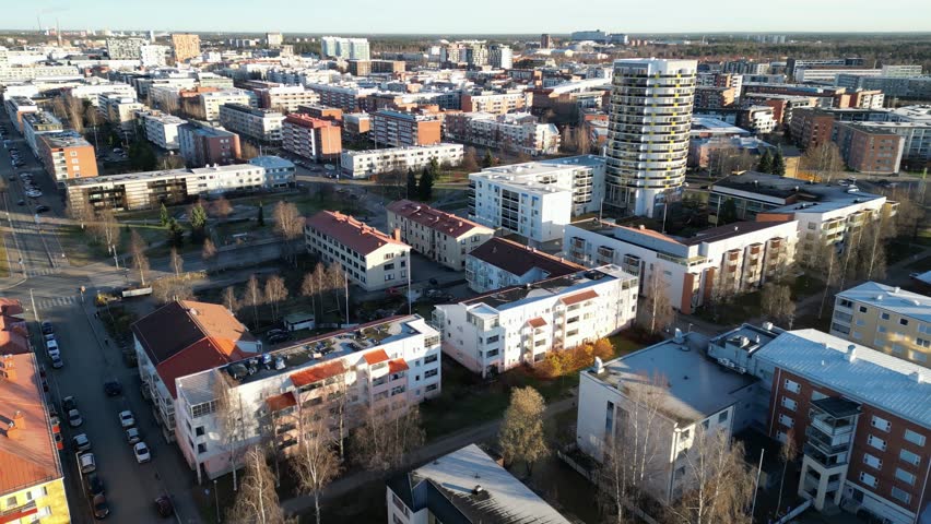 Urban aerial view of the city of Oulu in autumn, Finland