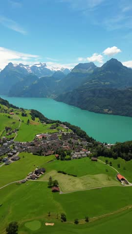 Lake Lucerne popular tourist destination Switzerland Swiss alpine region, aerial drone