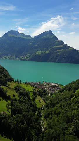 Lake Lucerne alpine scenery Swiss Alps highlands, aerial drone Switzerland