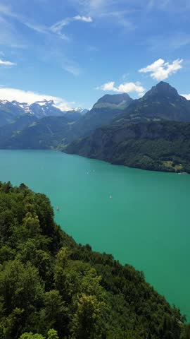 Lake Lucerne turquoise color central Switzerland Swiss alpine region, aerial drone