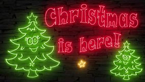 Christmas is here! + silhouette of happy Christmas trees illuminated 3d illustration retro neon signs, sweet and cute 10s 4k video art in red green and gold! sstkChristmas, cartoon inspired wishes - Powered by Shutterstock - Get 15% off with code: PIKWIZARD15