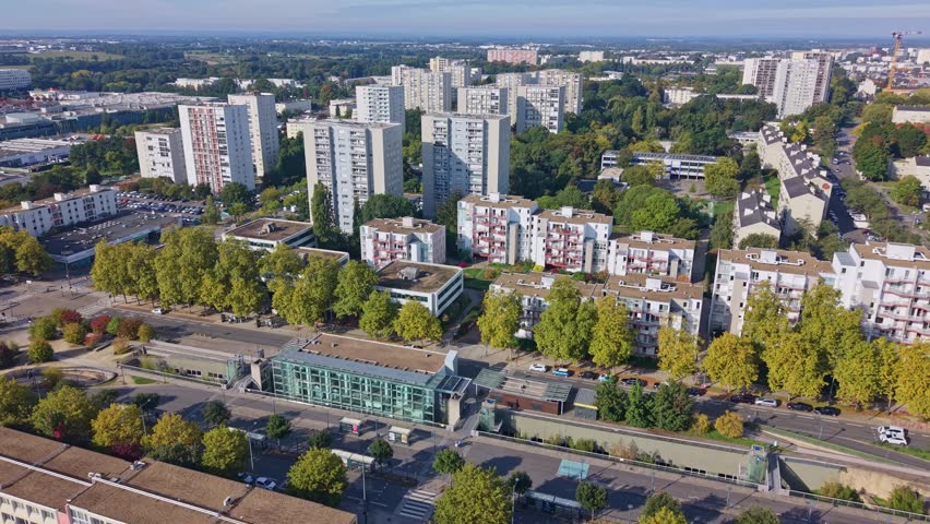 Aerial drone over Rennes Henri Fréville district with morning light, medium establishing dolly