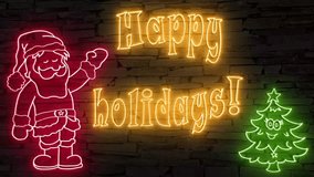 Happy Holidays! + silhouette of happy Santa Claus waving illuminated 3d illustration retro neon signs, sweet and cute 10s 4k video art in red green and gold! sstkChristmas - Powered by Shutterstock - Get 15% off with code: PIKWIZARD15