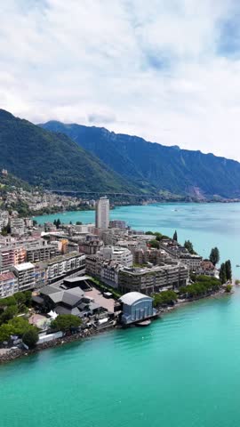 Traditional resort town Montreux on Lake Geneva Switzerland, aerial drone
