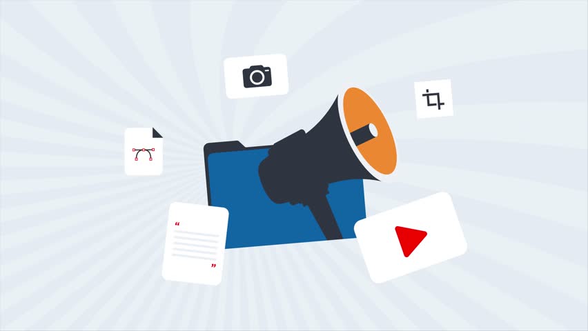 Digital marketing and brand communication concept with media kit elements, press release visuals. Digital marketing online promotion strategy for business engagement and content creation 4k video