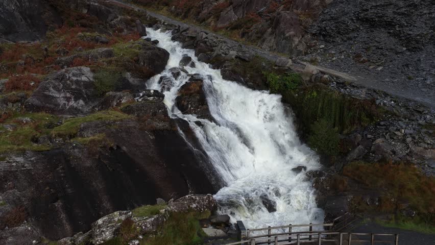 Cwmorthin Waterfall at the Cwmorthin Quarry in Wales.