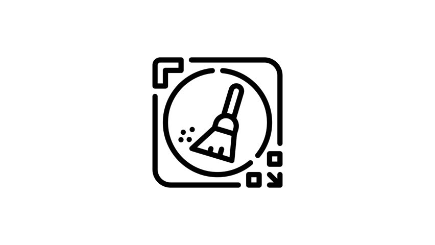 Line drawing of broom sweeping up debris perfect for cleaning service logo, article illustration, household product packaging, and educational material.