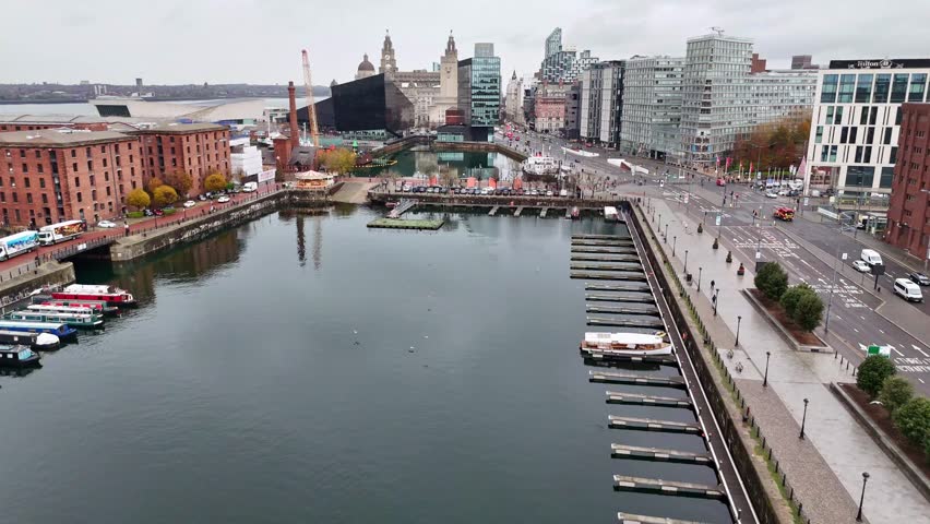 An aerial view over the Salthouse Dock facing North towards the famous Liverpool waterfront on Merseyside taken on 12 November 2025. 