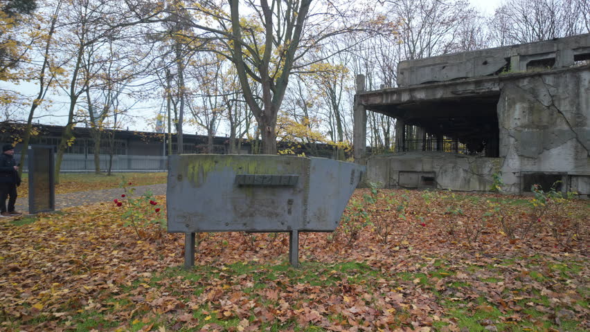 Ruins of bombed buildings on the Westerplatte Peninsula in Gdańsk, Poland — the historic site where World War II began with the German invasion on September 1, 1939.