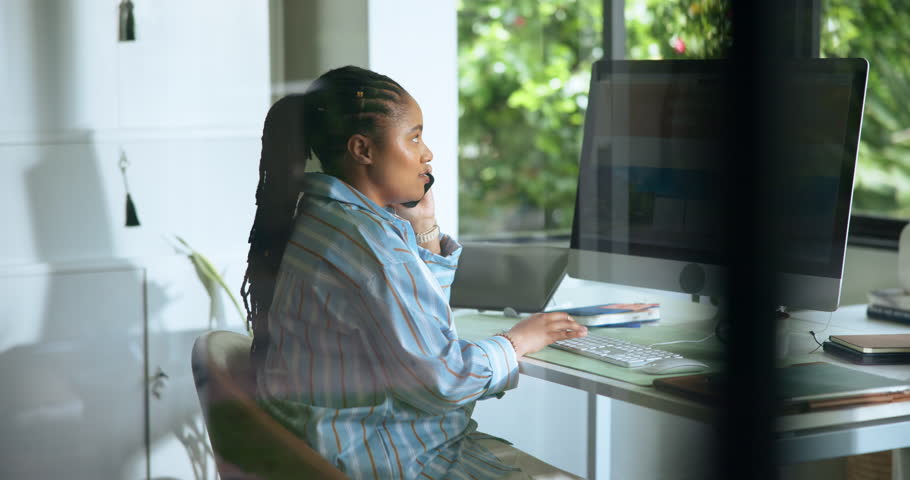 African woman, phone call and computer at house for planning, contact editor and feedback. Person, remote work and mobile to question source, facts check and proofreading news for story publication