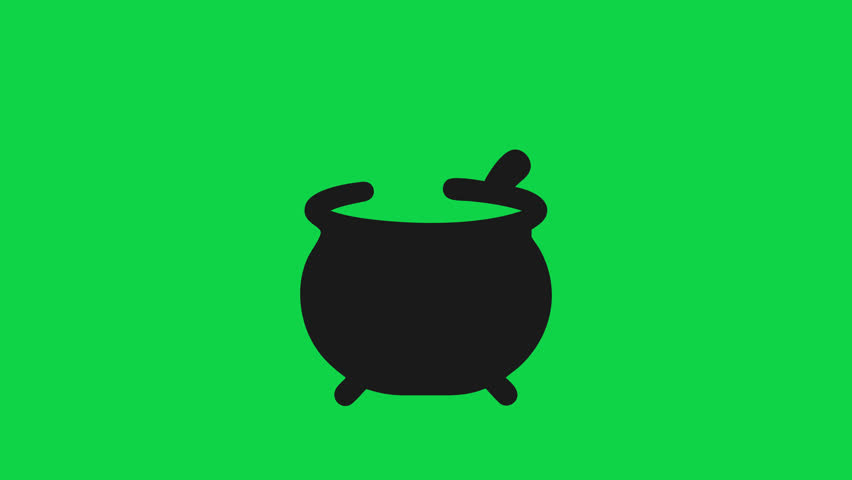Animated witch cauldron with bubbling green potion and rising smoke. The magic brew glows mysteriously, creating a spooky and enchanting Halloween atmosphere. Perfect for fantasy scenes