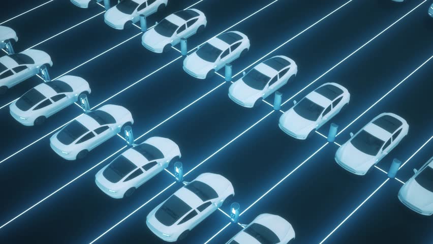 Futuristic Electric Car Parking Lot With Charging Stations and Neon Glow