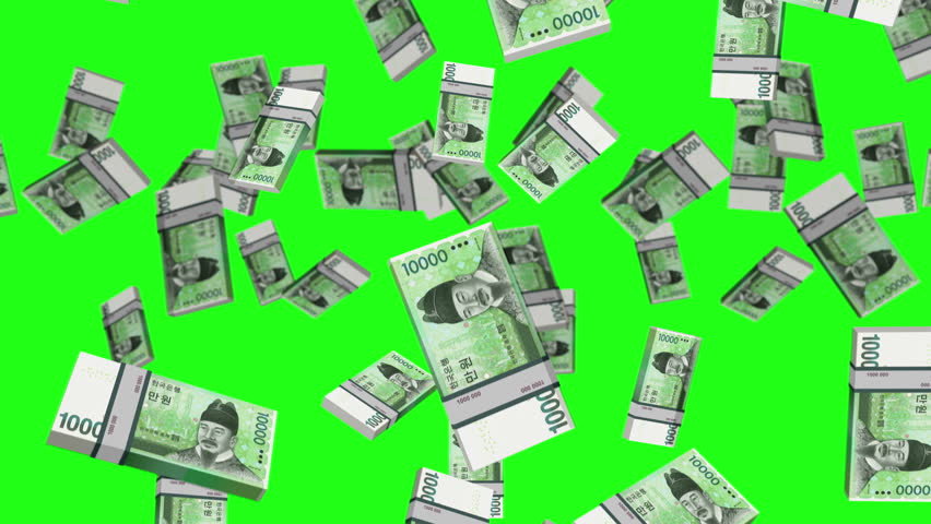 South Korea 10000 Won KRW banknote packs falling loop. South Korean money note fall. 3D seamless looped isolated abstract concept of economy, finance, crisis, success and banking. Green screen.