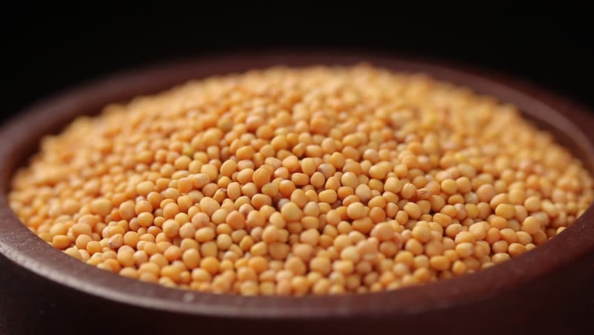 Mustard seeds in a brown wooden bowl rotating. Close-up shot