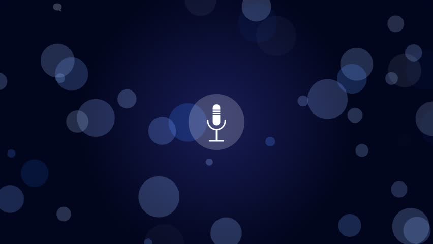 White glowing microphone icon on blue gradient background with colorful motion abstarct circles and speech bubbles. Concept for the podcast, brodadcast, video blog. Animation video with loop, 60 fps.