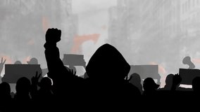 Silhouetted crowd protesting in a city with megaphones and flames, symbolizing social justice, anti-racism movements, activism, and powerful public demonstrations in urban streets. - Powered by Shutterstock - Get 15% off with code: PIKWIZARD15