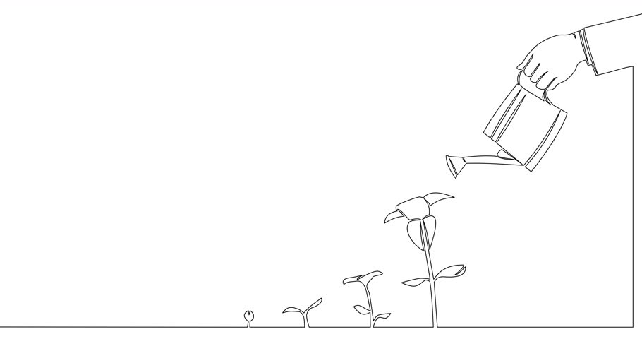 Self drawing line animation watering plants growth and development continuous one single line drawn concept video