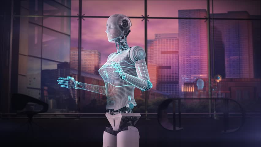 A futuristic android operates a virtual 3D panel, showcasing advanced AI control, holographic interaction, automation, and next-generation technological innovation in 2025. - Powered by Shutterstock - Get 15% off with code: PIKWIZARD15