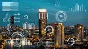 A business data analytics interface hovers over a smart city, showcasing real-time insights, AI-driven decisions, automation, and futuristic digital intelligence in 2025. - Powered by Shutterstock - Get 15% off with code: PIKWIZARD15