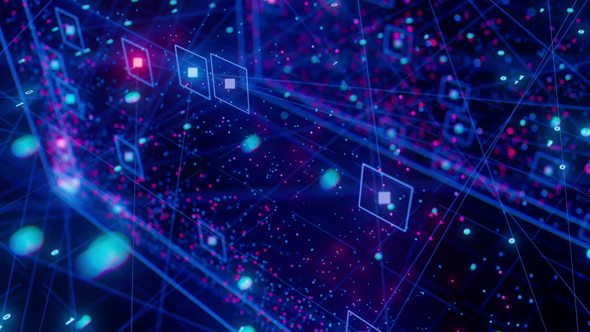 Neural network model, LLM structure animation. AI big data processing technological concept. Machine learning abstract background. Digital quantum computing.