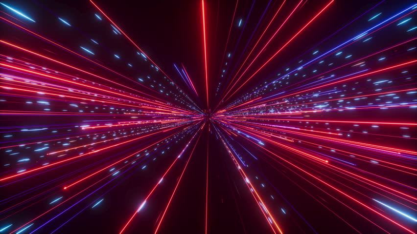 Seamless looping 3D animation of glowing multicolored particles and neon light trails. A futuristic visualization of data transmission and information streaming through high-speed optical fiber.