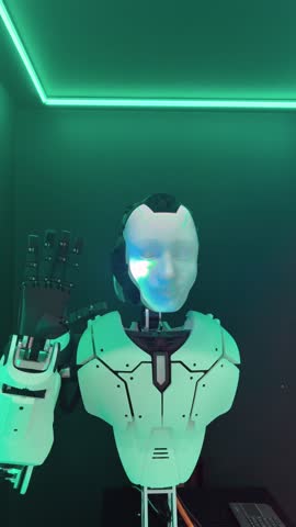 Futuristic humanoid robot with animated human-like face and mechanical arms demonstrates expressive gestures under neon lighting, showcasing advanced AI in robotics technology.