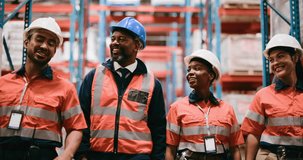 Team, conversation and walking in warehouse for logistics plan, distribution and collaboration. People, smile and discussion in factory with PPE for supply chain update, shipping and export feedback. - Powered by Shutterstock - Get 15% off with code: PIKWIZARD15