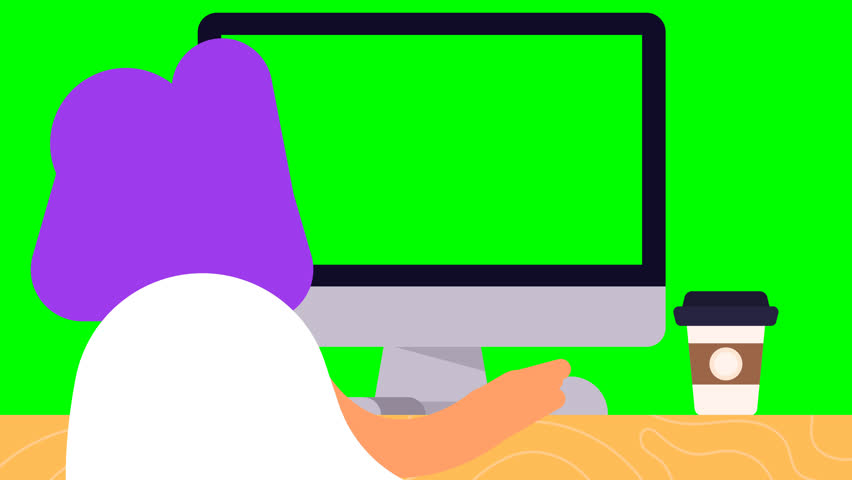 3D animation of Lila Joy working on computer from back view, perfect for digital marketing, remote work, and creative business content with green screen for easy background replacement.
