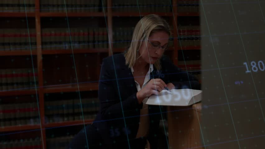 Woman leaning over open book, noting while animated graphs drifting across shelves for law work. Lectern, library, researcher, legal, volumes, notes, overlay - Powered by Shutterstock - Get 15% off with code: PIKWIZARD15