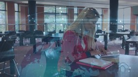 Woman consulting open book writing notes while animated map overlay with data nodes guiding study. Library, notebook, pen, glasses, campus, focused, minimalist - Powered by Shutterstock - Get 15% off with code: PIKWIZARD15