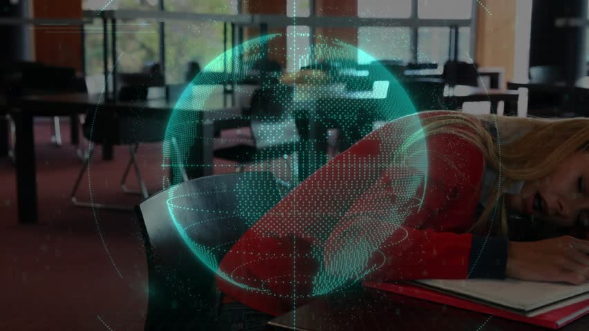 Student writing in academia pen causing head dropping while holo globe code growing denser on notes. Hologram, digital, library, study, daylight, focus, notebook - Powered by Shutterstock - Get 15% off with code: PIKWIZARD15