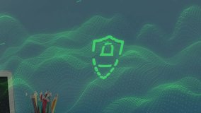 Data pulse starting holo, green shield and lock forming, pulsing, settling over desk for security. Holographic, encryption, authentication, overlay, grid, particles, futuristic - Powered by Shutterstock - Get 15% off with code: PIKWIZARD15