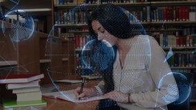 Woman studying, writing notes in library, camera panning right starting holo globes, obscuring page. Notebook, tablet, desk, carrel, textbooks, bookshelves, holographic - Powered by Shutterstock - Get 15% off with code: PIKWIZARD15