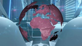 Console activating, hologram globe rotating left, dark masks sweeping continents to show coverage. Orb, holographic, magenta, neon, skyline, futuristic, cockpit - Powered by Shutterstock - Get 15% off with code: PIKWIZARD15
