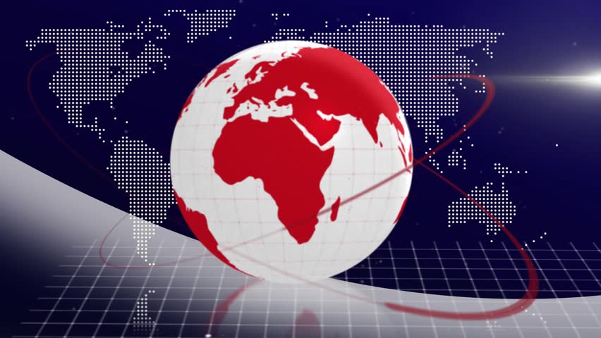 On start 3D globe rotating clockwise red ribbon sweeping HUD graphics pulsing for news intro. Sphere, orbit, holographic, data, broadcast, studio, grid