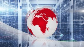 Central glow starting globe rotating right, red lands shifting while showing data flow over racks. Sphere, business, animated, datacenter, server, futuristic, reflective - Powered by Shutterstock - Get 15% off with code: PIKWIZARD15