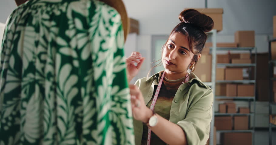 Fashion, studio or clothes designer with sewing pins for creation process, fabric or tailoring garment. Happy woman, retail industry or dressmaker with sample outfit, textile correction or fix design