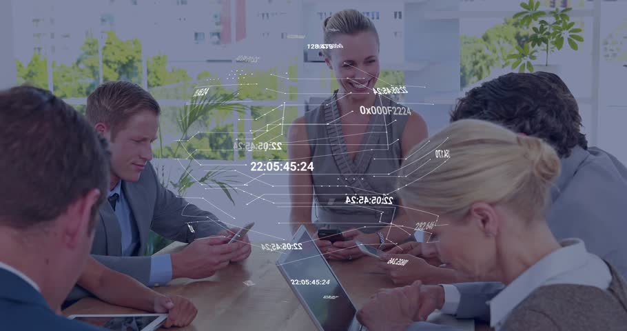 Business team meeting while leader gesturing, devices projecting rotating HUD, team analyzing data. Hologram, collaboration, conference, analytics, modern, office, urban